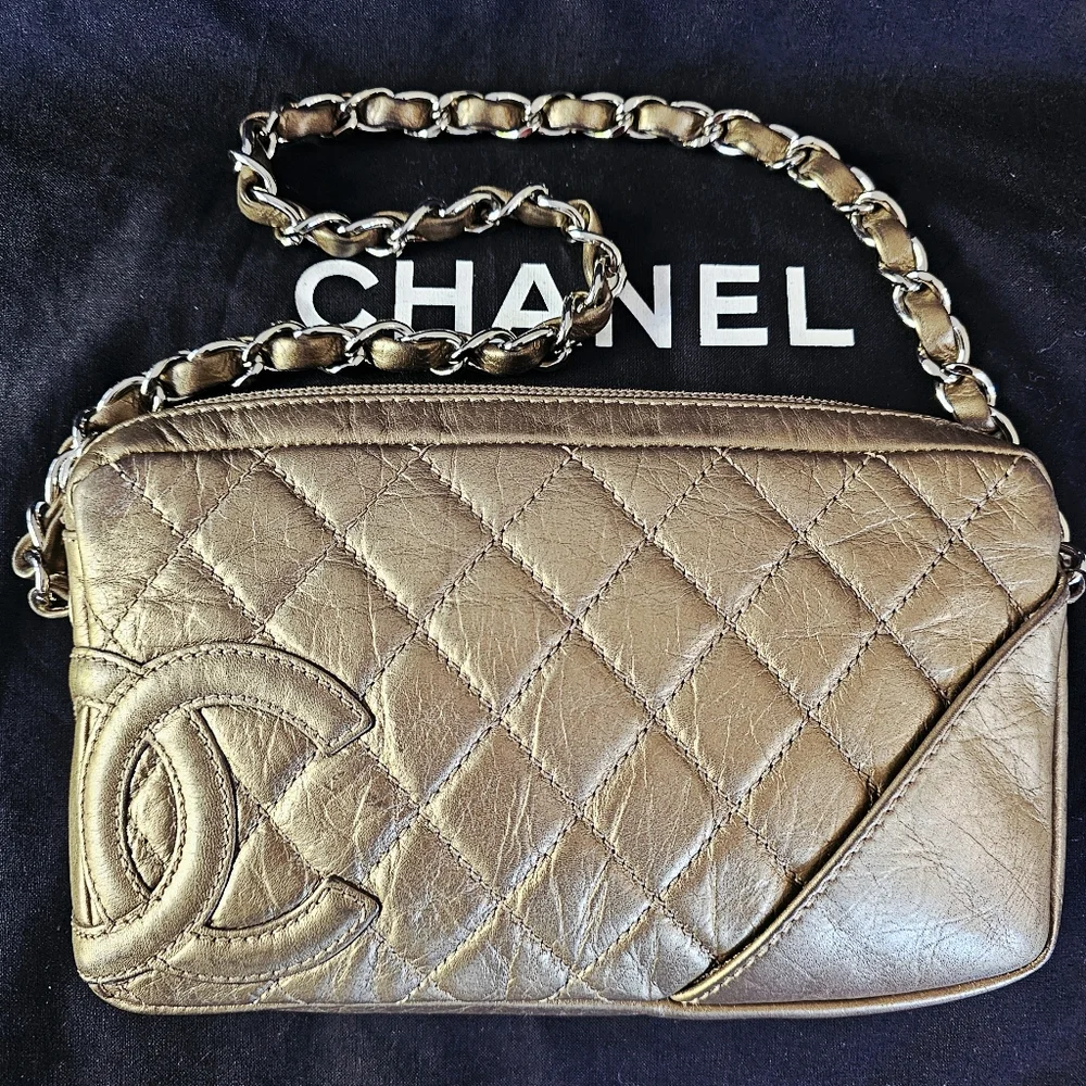 Chanel Vintage Metallic Aged Calfskin Quilted Cotton Club Pochette in Gold - Picture 1 of 16